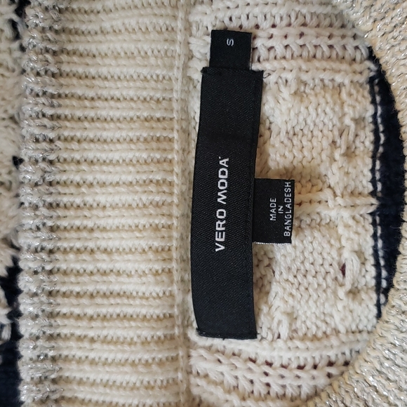 BLUE RED CREAM STRIPED COLOR BLOCKED SWEATER SILVER SPARKLE ACCENT CABLE KNIT - Picture 5 of 7